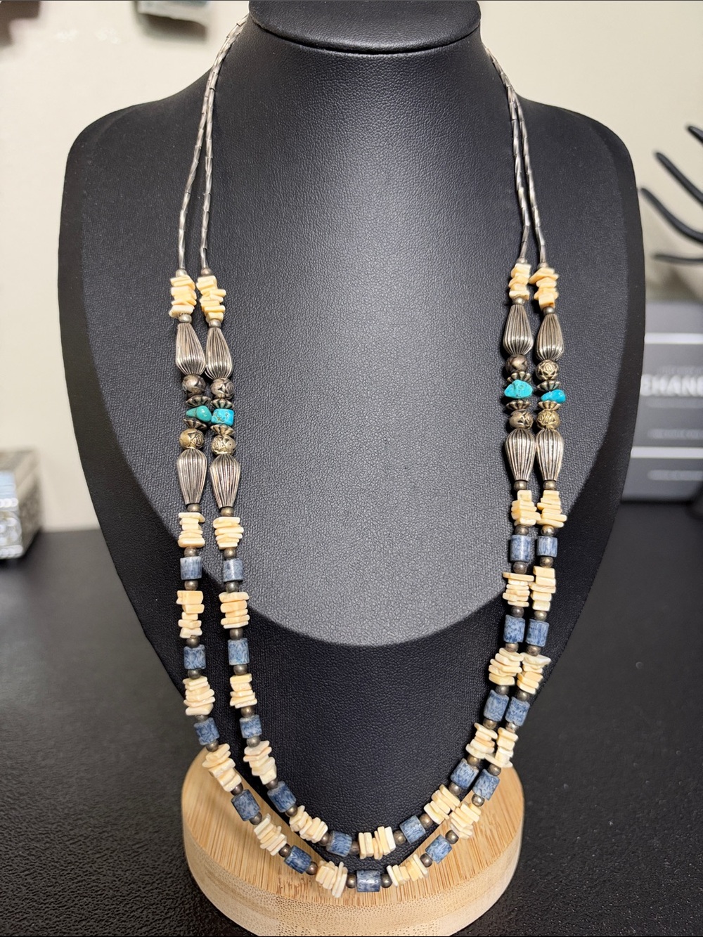 Vintage Southwestern Handmade Two-Strand Turquoise & Ivory Beaded Necklace